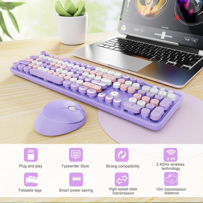 SkyGive Wireless Keyboard and Mouse Combo, Ergonomic Full Size Typewriter Retro Round Keycaps Keyboard, Compatible with Windows, PC, Perfer for Home and Office Keyboards (Purple - Image 3